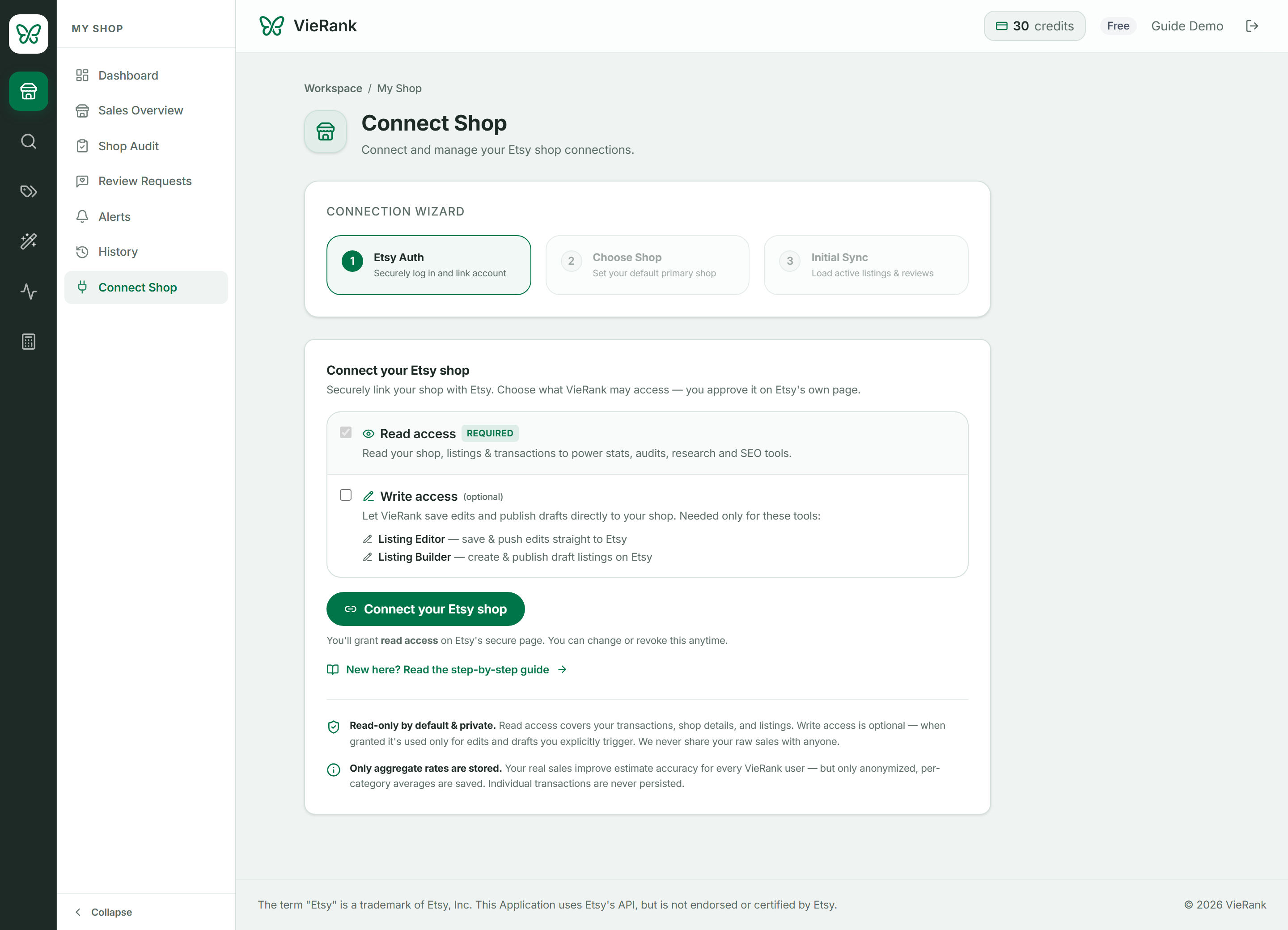 The Connect Shop page with the connection wizard